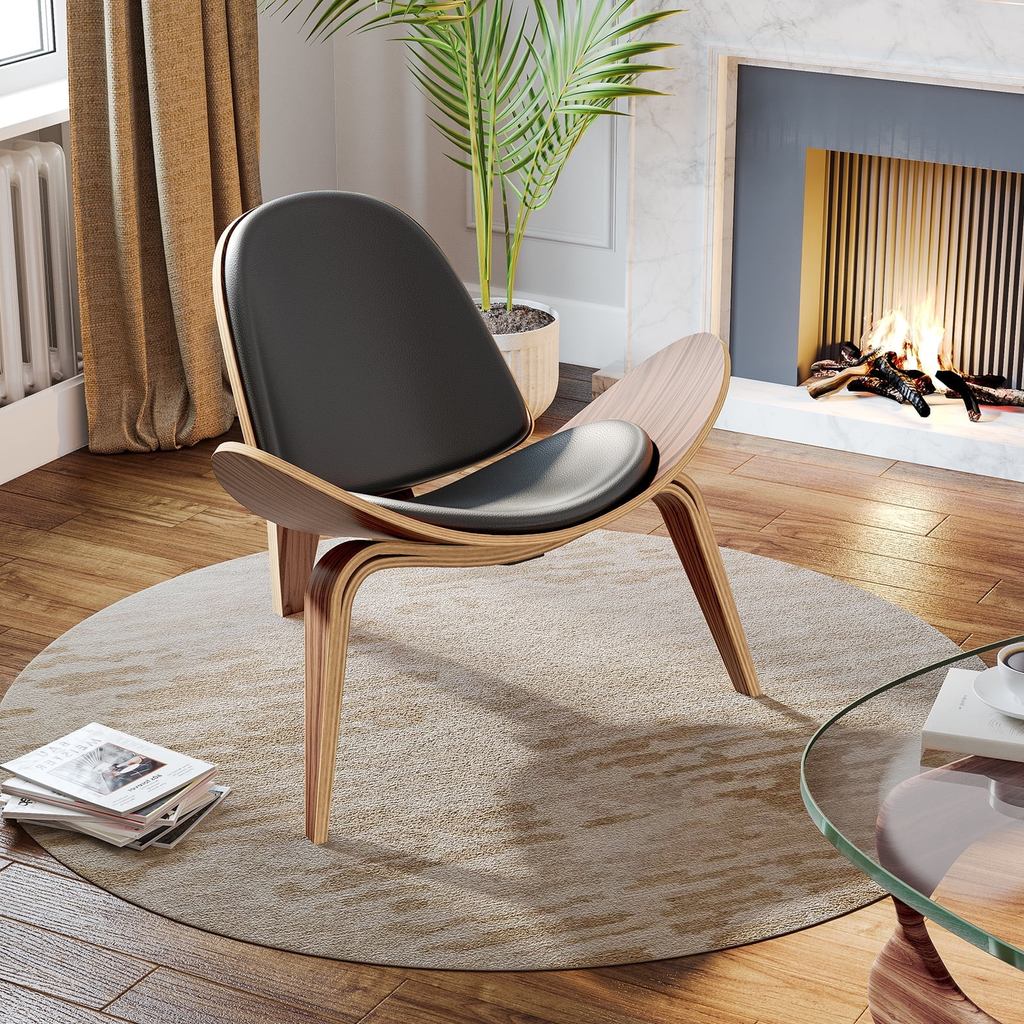 Cottinch Mid Century Modern Shell Lounge Chair, Tripod Plywood Design Solid Wood Accent Chair Black PU Leather Chair Armless Chair for Living Room, Reading, Lounge, Office, Rosewood