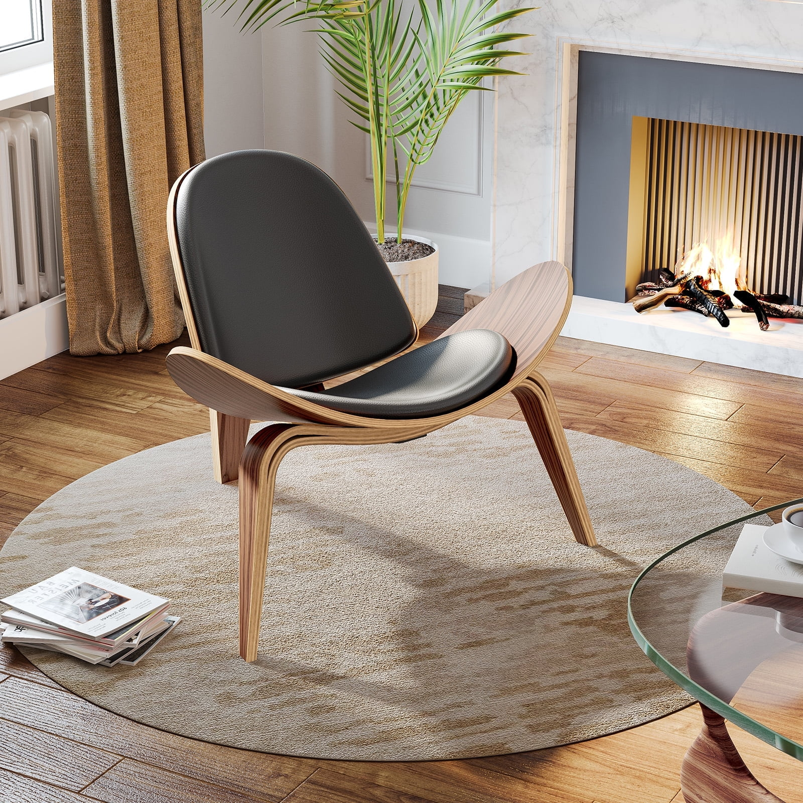 Cottinch Mid Century Modern Shell Lounge Chair, Tripod Plywood Design Solid Wood Accent Chair Black PU Leather Chair Armless Chair for Living Room, Reading, Lounge, Office, Rosewood