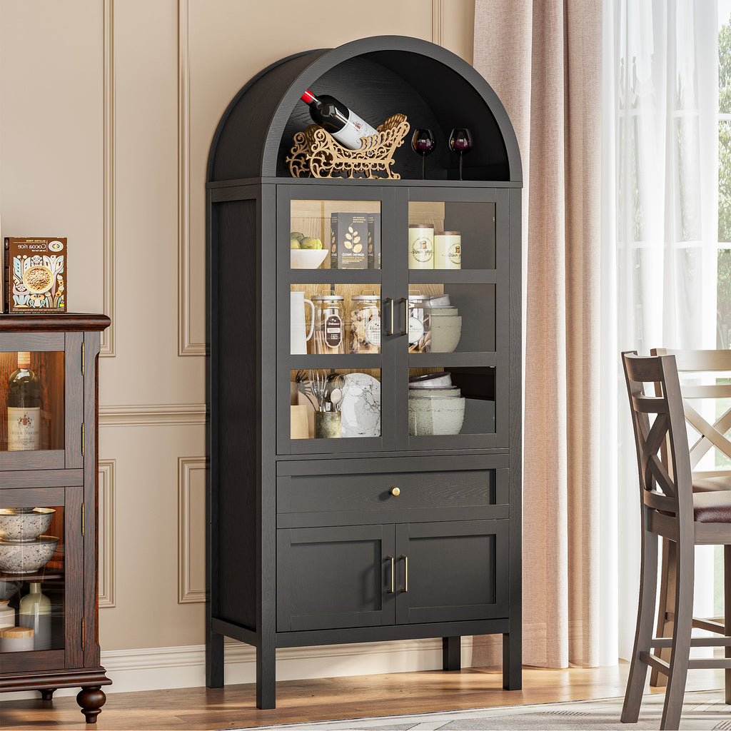 Cottinch 71" Tall Arched Bookshelf, Wood Display Cabinet with Glass Doors and Adjustable Shelves & LED Lights
