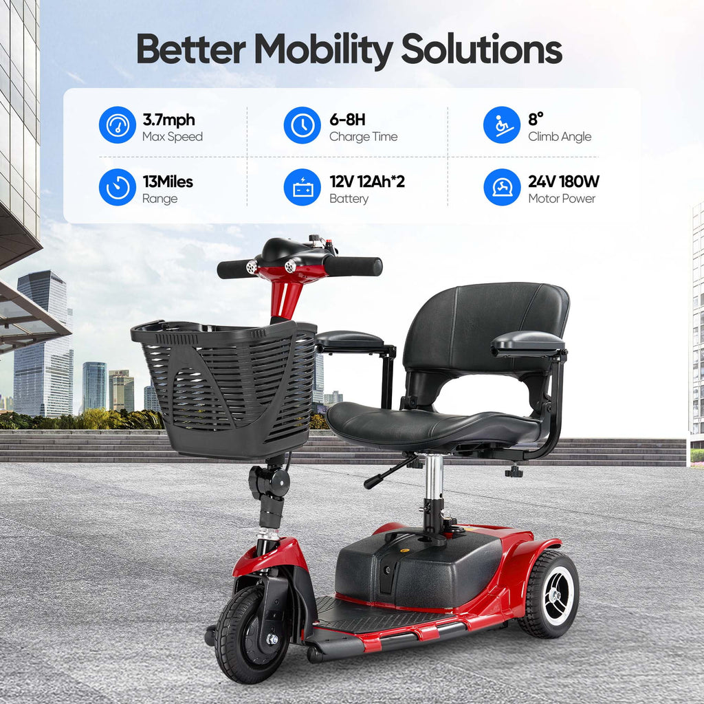Morrean 3 Wheel Electric Powered Mobility Scooter, With Lighting Folding Travel Mobile Wheelchair for Seniors, Gift for Elderly, Red