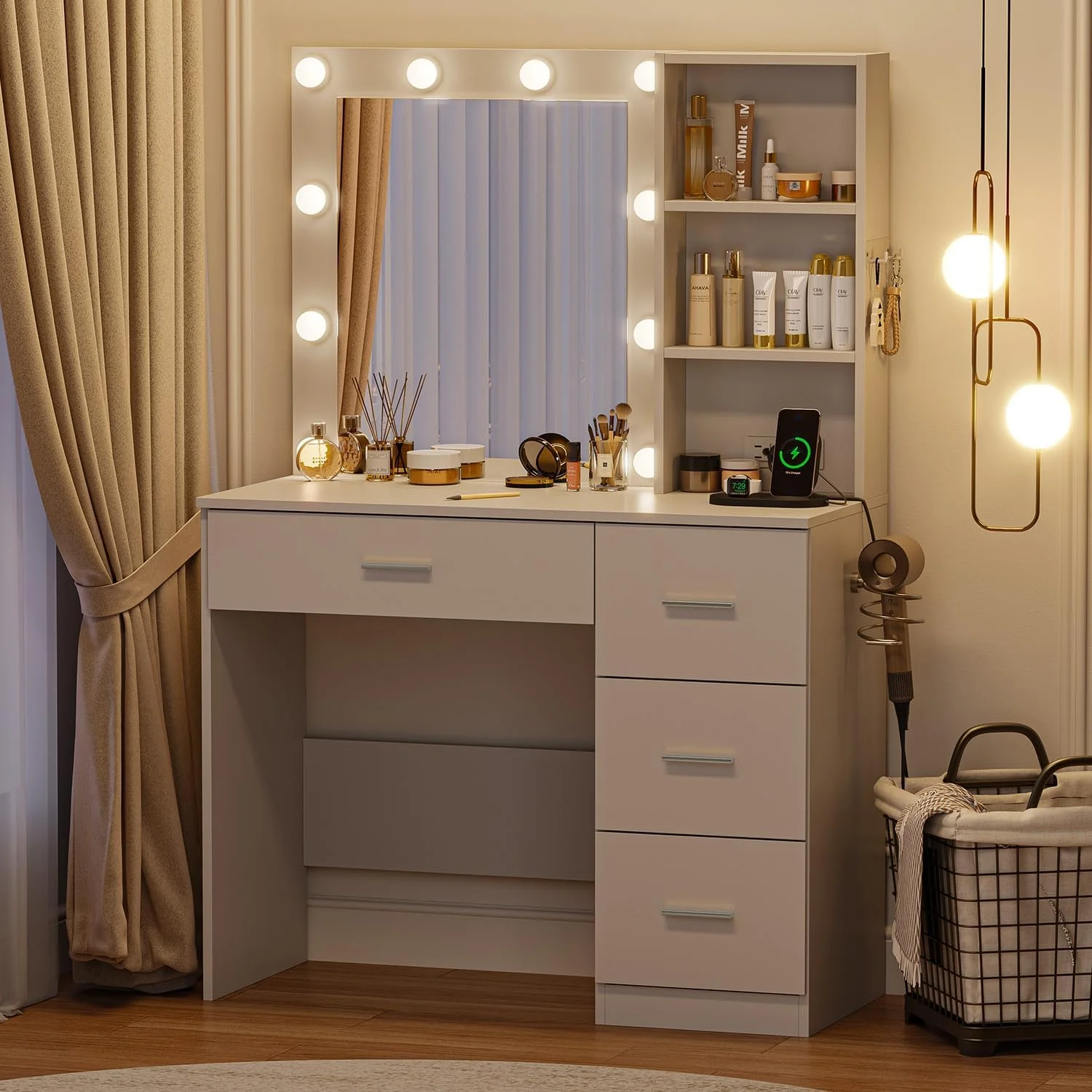 Cottinch Vanity Desk 3 Color Lighted Mirror,Makeup Dressing Table with 4 Drawers and Storage Shelves,2 Outlets,2 USB Ports