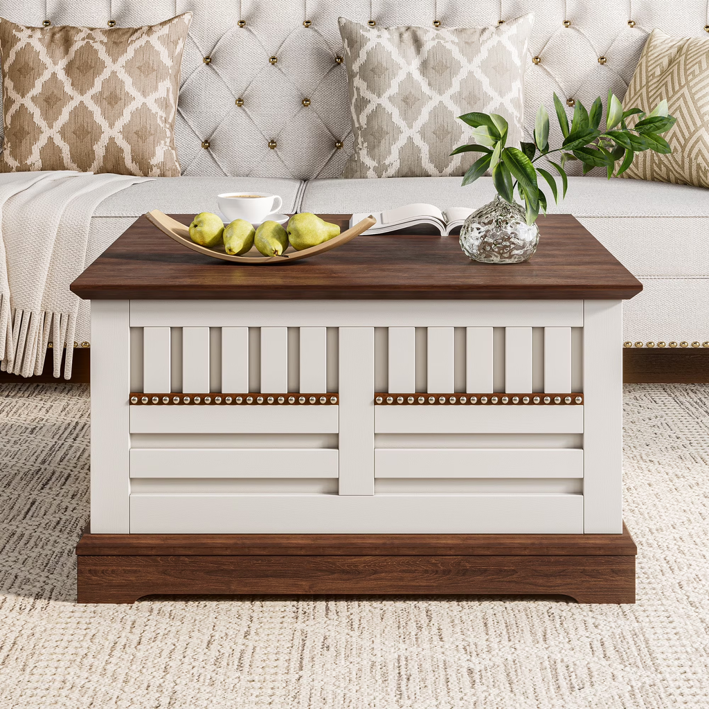 Cottinch 31.5" Farmhouse Lift Top Coffee Table with Large Hidden Storage Compartments, Wood Square Center Table with Rivet Barn Door for Living Room