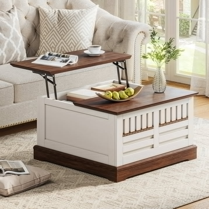 Cottinch 31.5" Farmhouse Lift Top Coffee Table with Large Hidden Storage Compartments, Wood Square Center Table with Rivet Barn Door for Living Room
