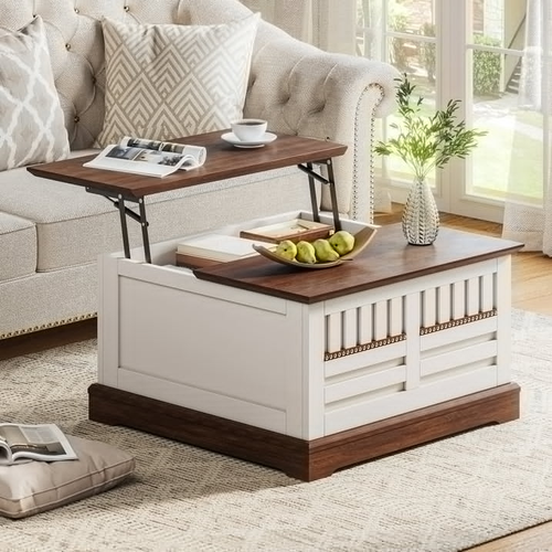 Cottinch 31.5" Farmhouse Lift Top Coffee Table with Large Hidden Storage Compartments, Wood Square Center Table with Rivet Barn Door for Living Room