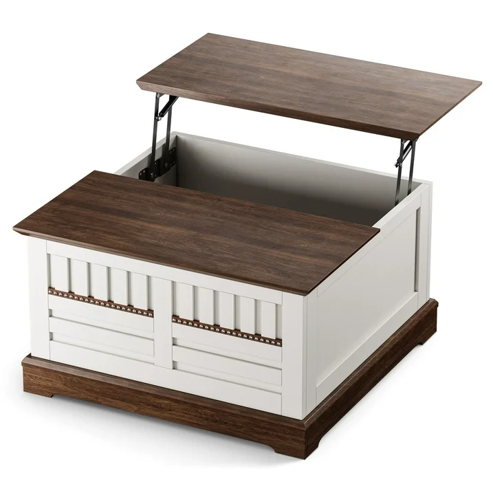 Cottinch 31.5" Farmhouse Lift Top Coffee Table with Large Hidden Storage Compartments, Wood Square Center Table with Rivet Barn Door for Living Room