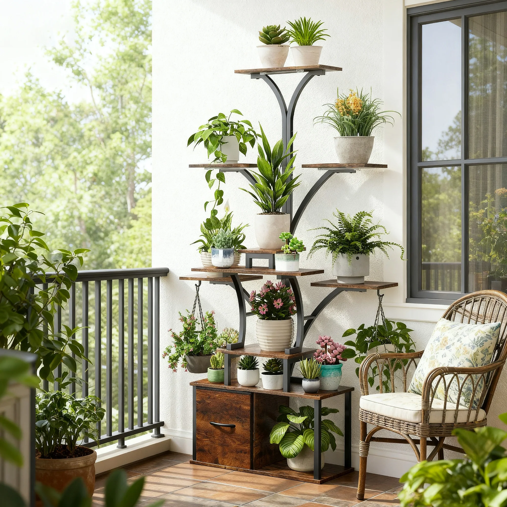 eChamp Plant Stand with Grow Light 3 Color Modes & Storage Drawer, 63" Tall Indoor Plant Shelf 10-Tier Metal Plant Rack Flower Holder for Home, Patio, 10 Brightness Levels, Timer, Wide Base