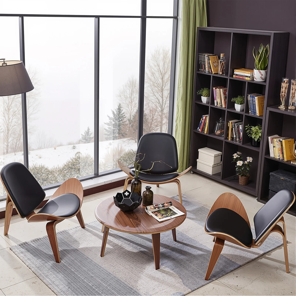 Cottinch Mid Century Modern Shell Lounge Chair, Tripod Plywood Design Solid Wood Accent Chair Black PU Leather Chair Armless Chair for Living Room, Reading, Lounge, Office, Rosewood