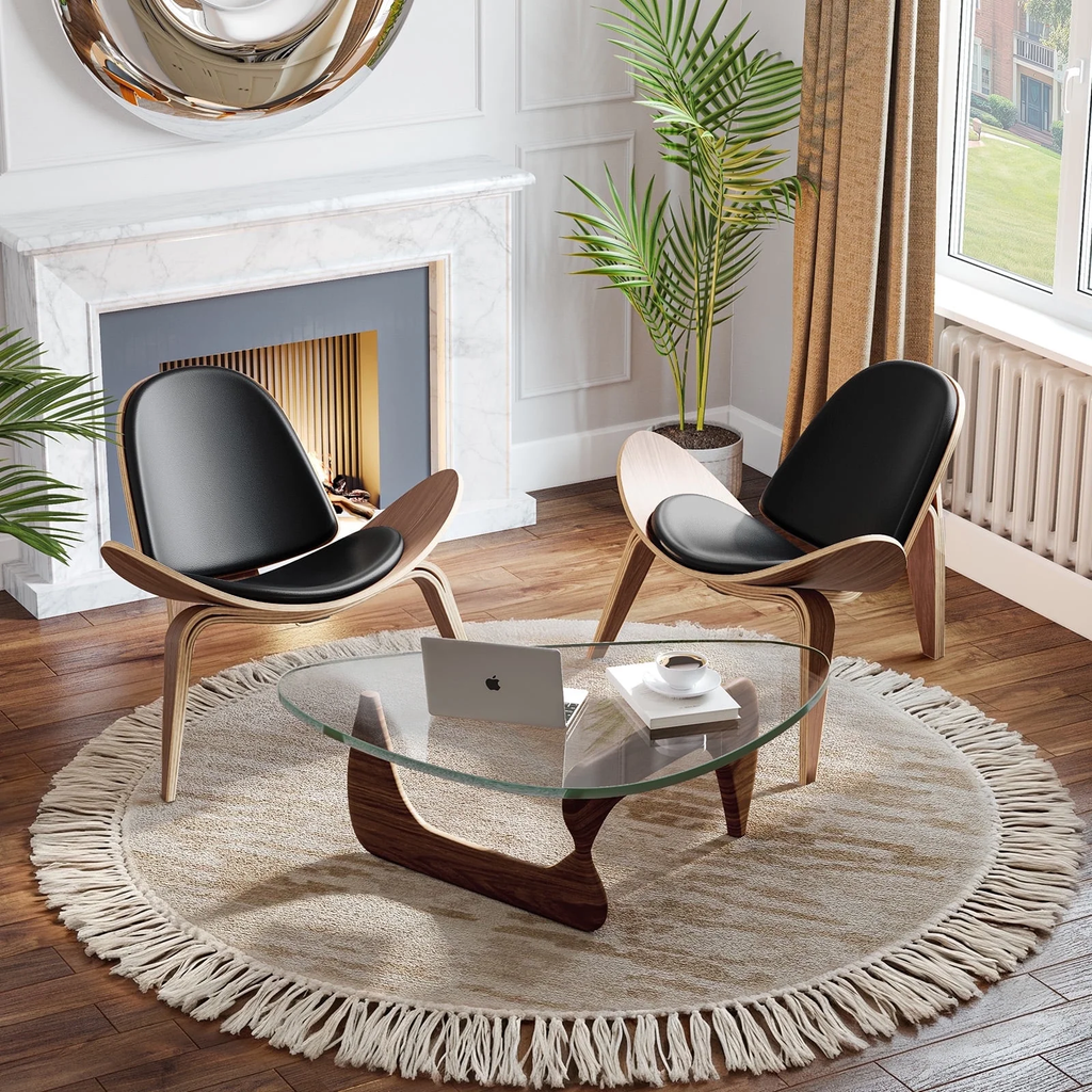 Cottinch Mid Century Modern Shell Lounge Chair, Tripod Plywood Design Solid Wood Accent Chair Black PU Leather Chair Armless Chair for Living Room, Reading, Lounge, Office, Rosewood