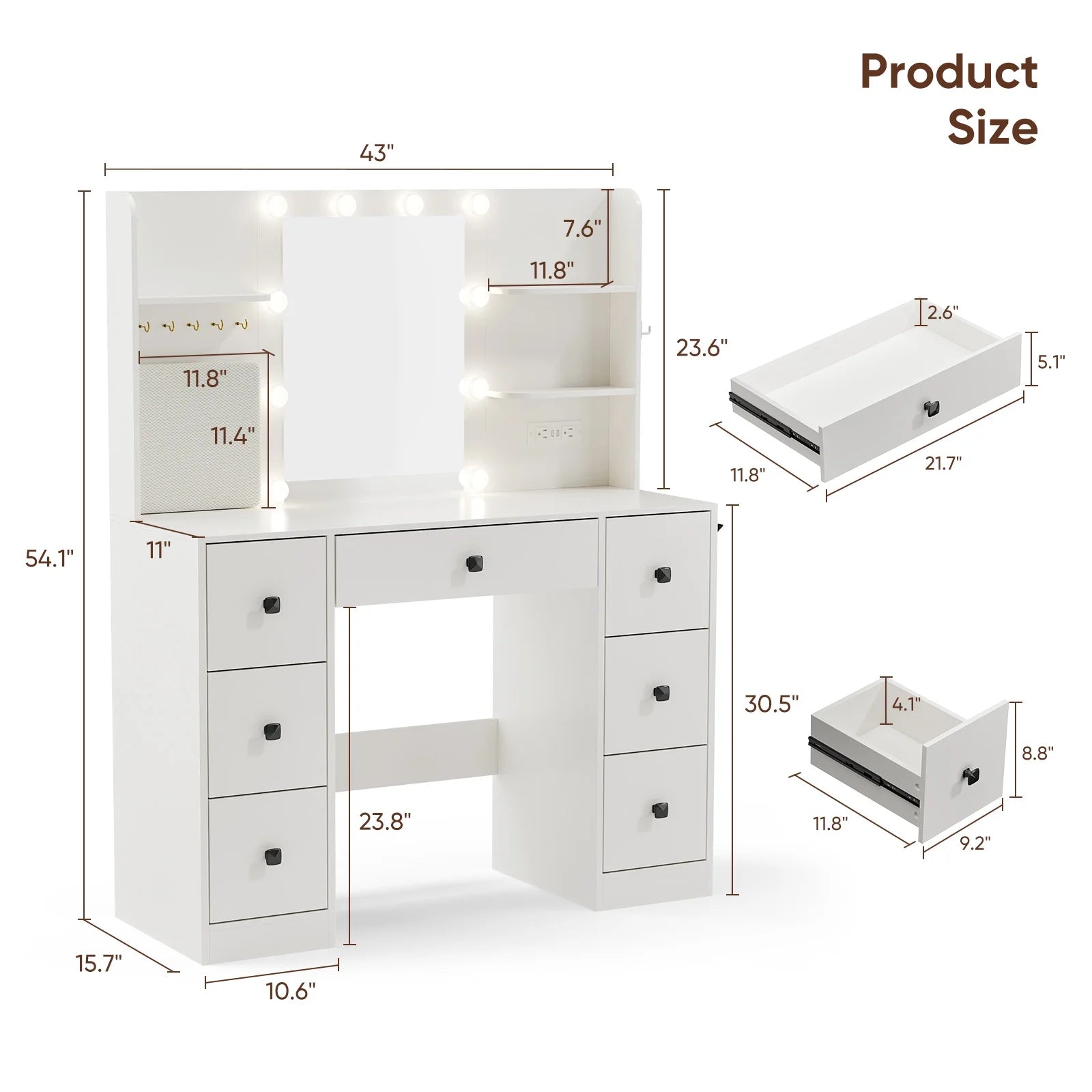 eChamp Makeup Vanity Desk with 3 Color Lights and Mirror,Dressing Vanity Table 7 Drawers,Charging Station,Hooks & Shelves,Adjustable Brightness Dresser, White