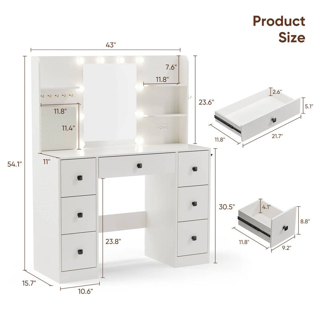 Cottinch Vanity Desk with LED Lighted Mirror,Makeup Vanity Table w/7 Drawers,3 Shelves,Jewelry Hook,Power Outlet,Dressing Table for Bedroom,White
