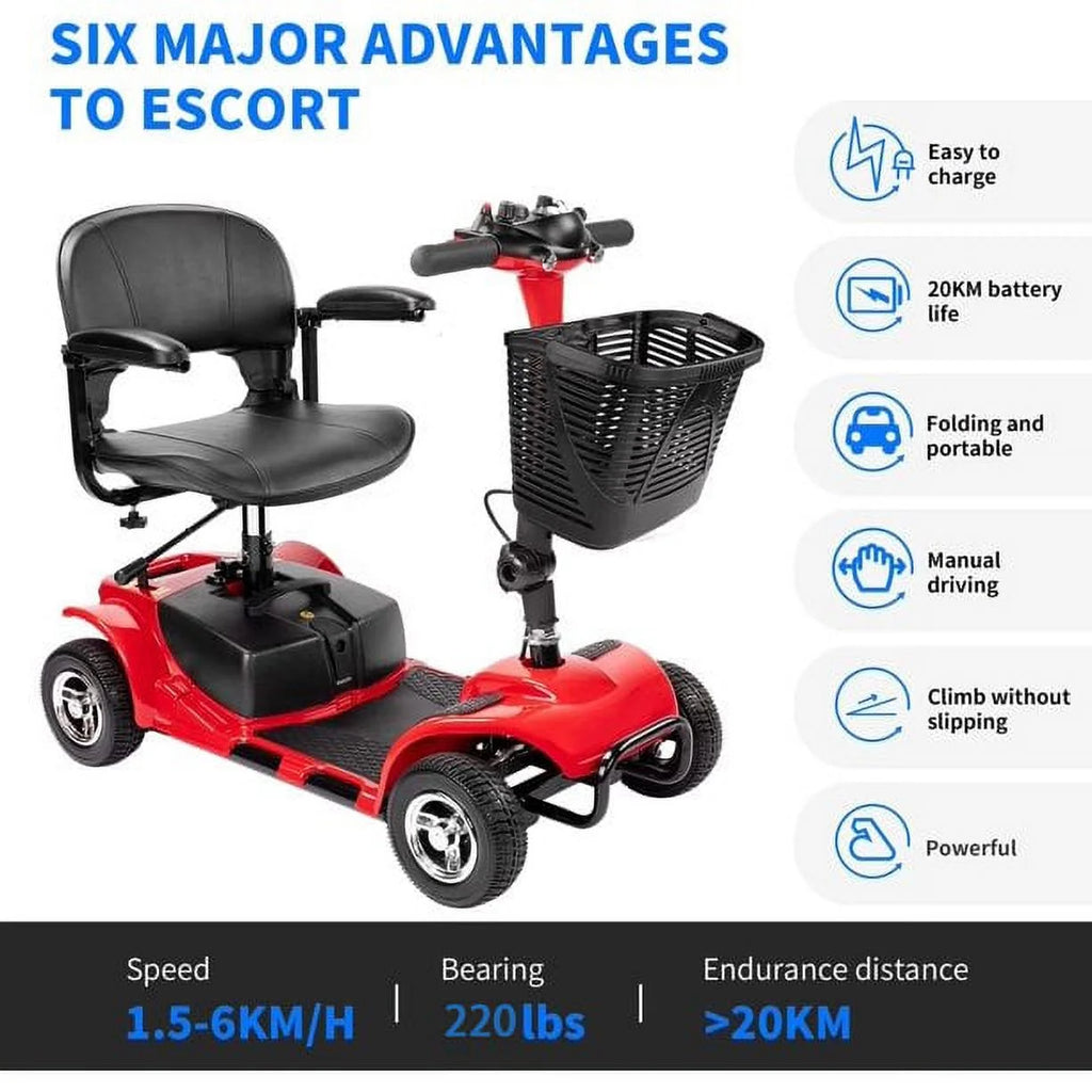 4 Wheel Mobility Scooter for Seniors, Folding Electric Powered Wheelchair Device for Adults, Elderly, Gift for Elderly, Red
