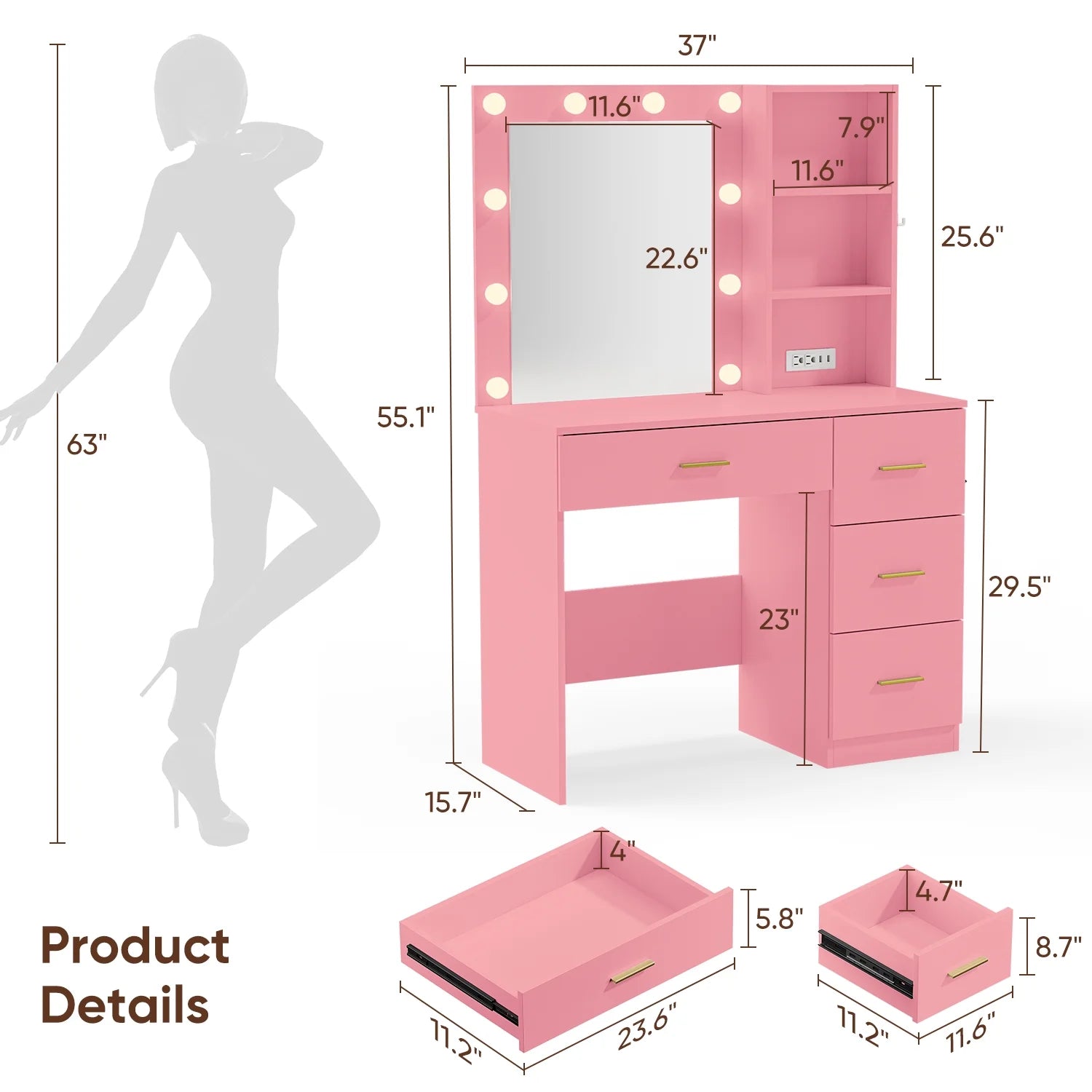 eChamp Vanity Desk with 3 Color Lights and Mirror Makeup Dressing Table with 4 Drawers,Charging Station,Adjustable Brightness Dresser,Pink