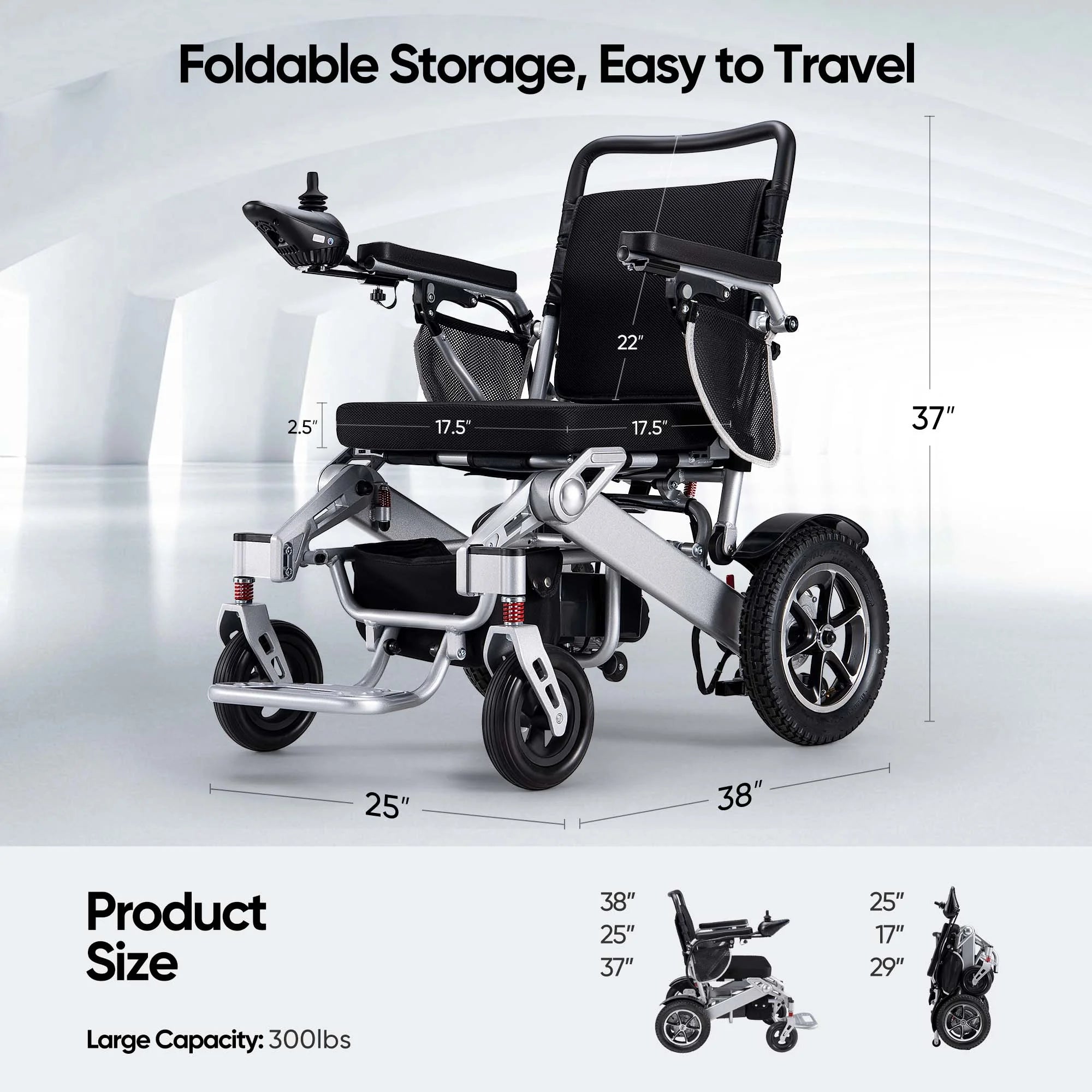 VERPAL Electric Wheelchair for Adult 300 lbs,Lightweight Foldable Motorized Power Wheelchairs Mobility Scooter,500W Dual Motors,15 Miles Range,Intelligent Brakes,All Terrain,Silver