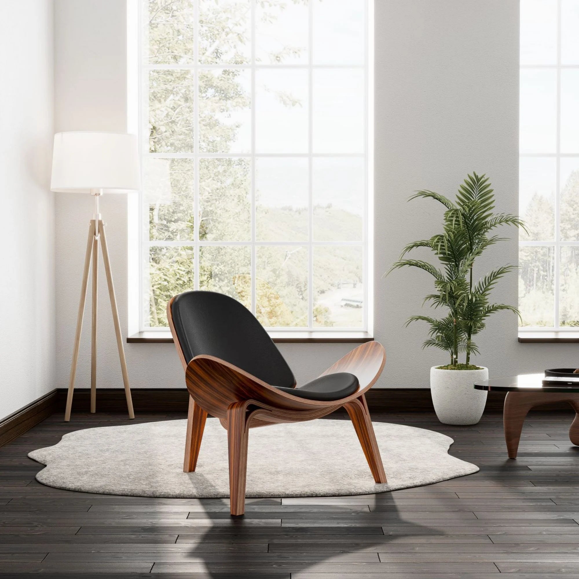 Three-Legged Shell Chair Mid-Century Wood Chair Black PU Leather Chair for Living Room, Reading Side Chair,Rosewood