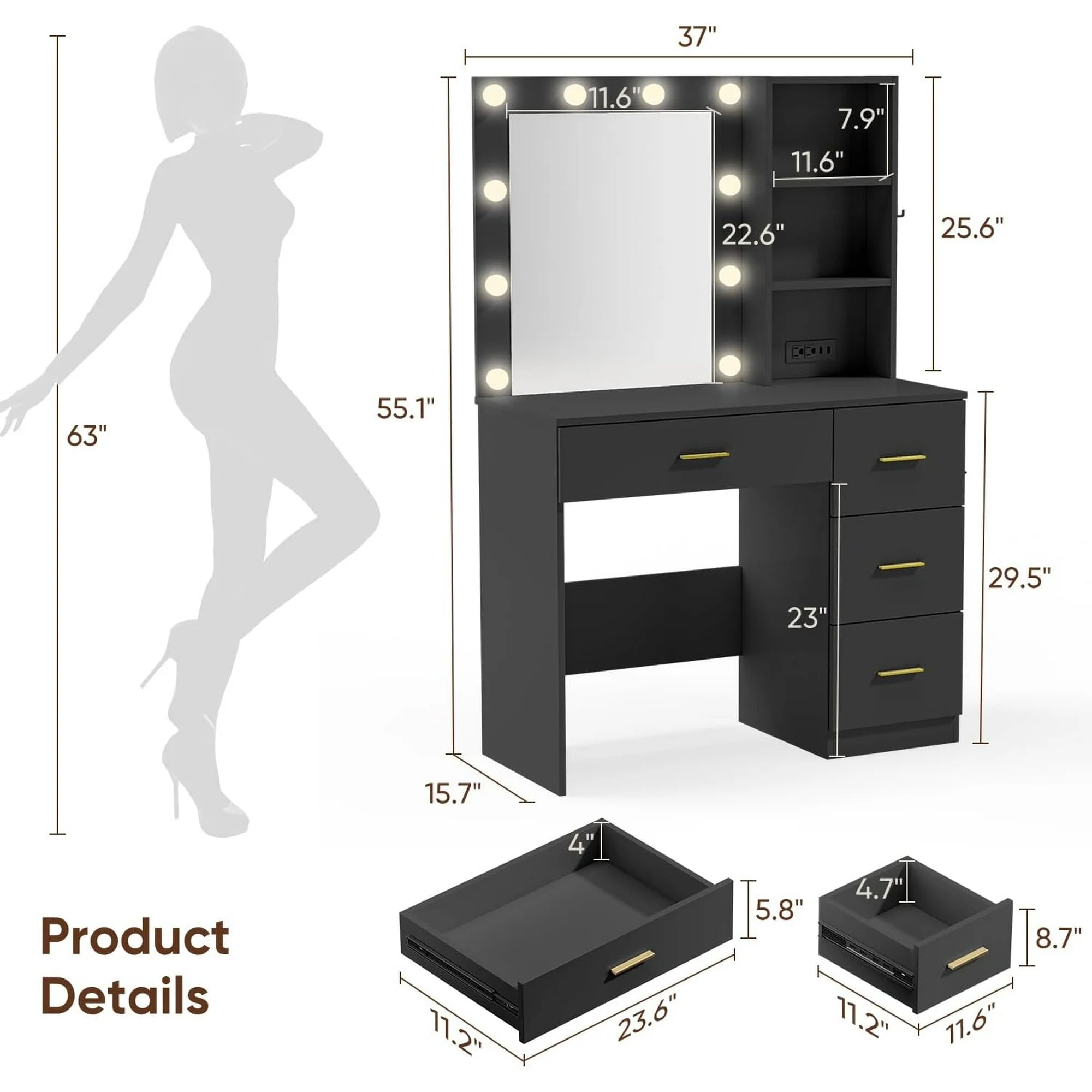 Raffle Pinker Vanity Desk Makeup Dressing Table with Mirror and Lights,4 Drawers,Storage Shelves,Power Outlet,Black