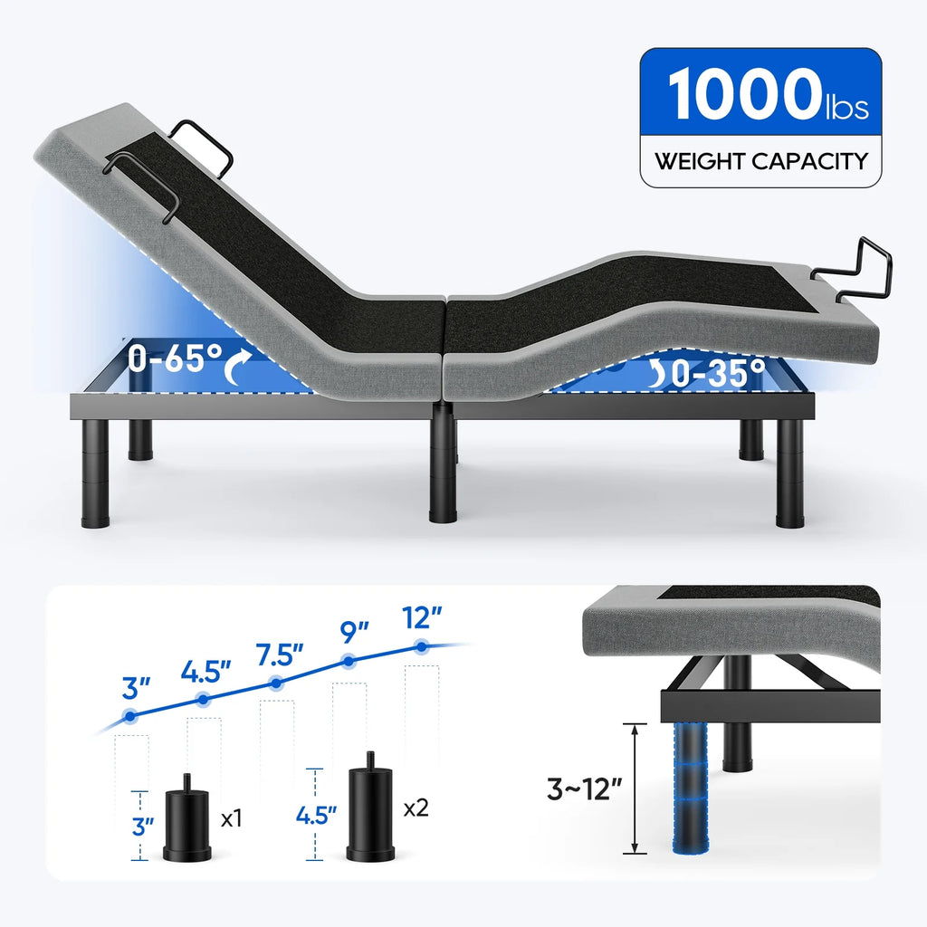 Raffle Pinker Electric Adjustable Bed Frame Split King Metal Bed Base,Upgrade Structure,Dual Motors Head and Foot Incline,Adjustable Legs