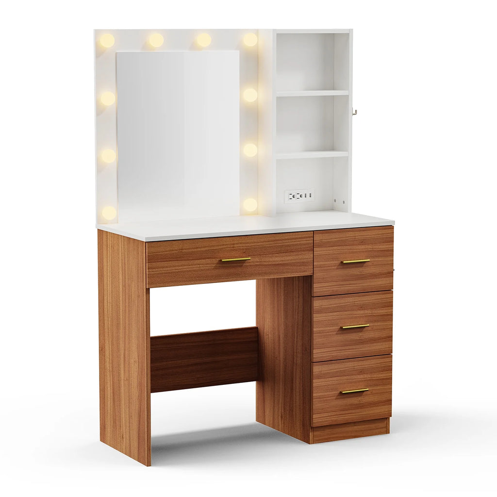 Raffle Pinker Makeup Vanity Desk Dressing Table with 4 Drawers,Storage Shelves,Power Outlet