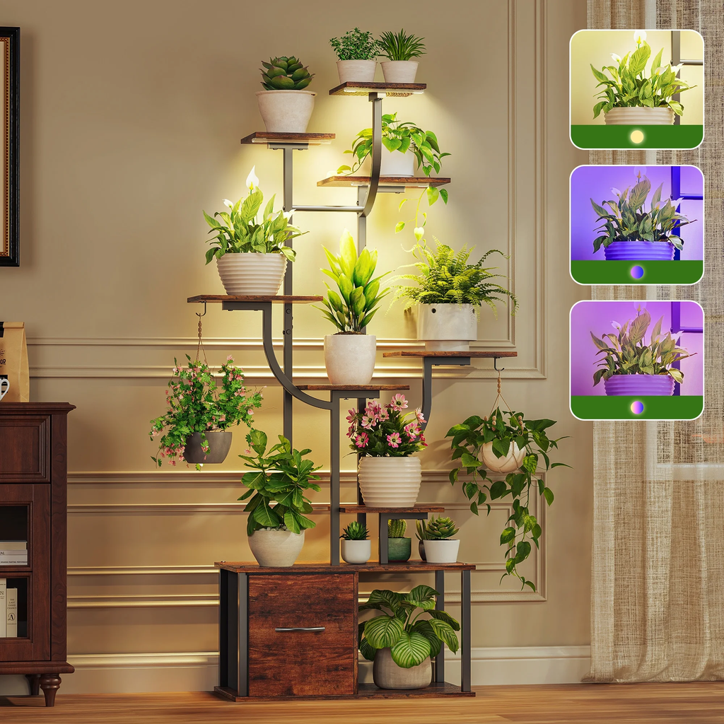 eChamp Plant Stand with Grow Light 3 Color Modes & Storage Drawer, 59" Tall Indoor Plant Shelf 9-Tier Metal Plant Rack Flower Holder for Home, Patio, 10 Brightness Levels, Timer, Wide Base