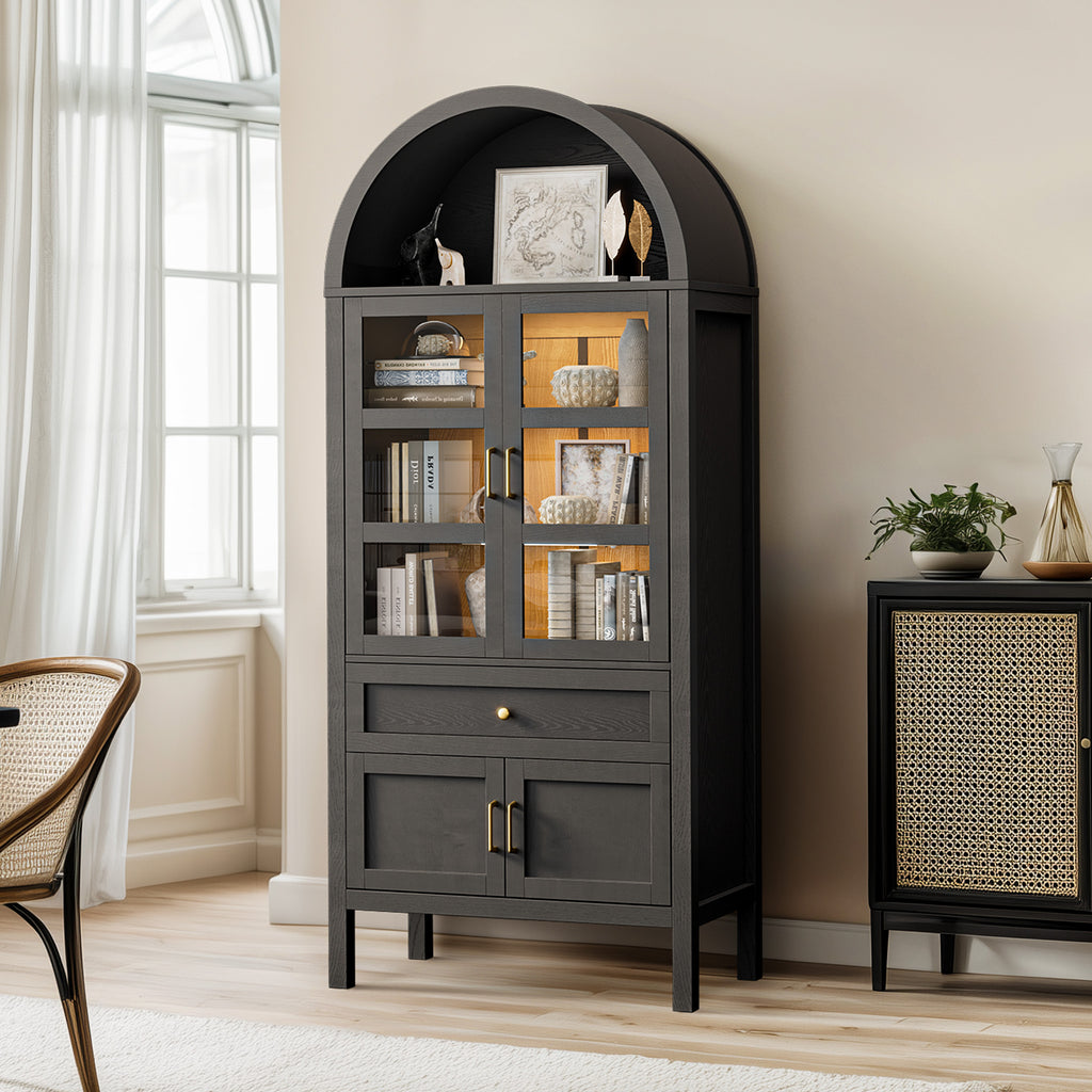 71" Tall Arched Bookshelf, Kitchen Pantry Storage Cabinet, 3-ier BooTkcase with 2 Glass Doors for Living Room, Kitchen, Home Office