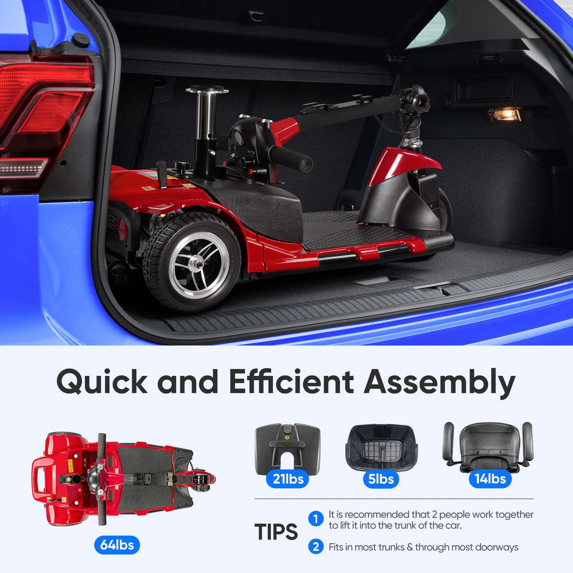 Morrean 3 Wheel Electric Powered Mobility Scooter, With Lighting Folding Travel Mobile Wheelchair for Seniors, Gift for Elderly, Red