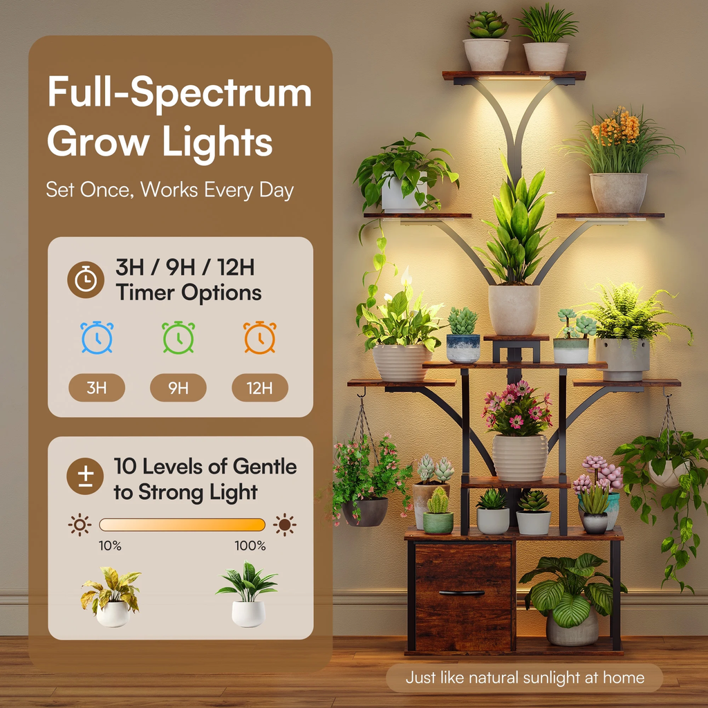 eChamp Plant Stand with Grow Light 3 Color Modes & Storage Drawer, 63" Tall Indoor Plant Shelf 10-Tier Metal Plant Rack Flower Holder for Home, Patio, 10 Brightness Levels, Timer, Wide Base