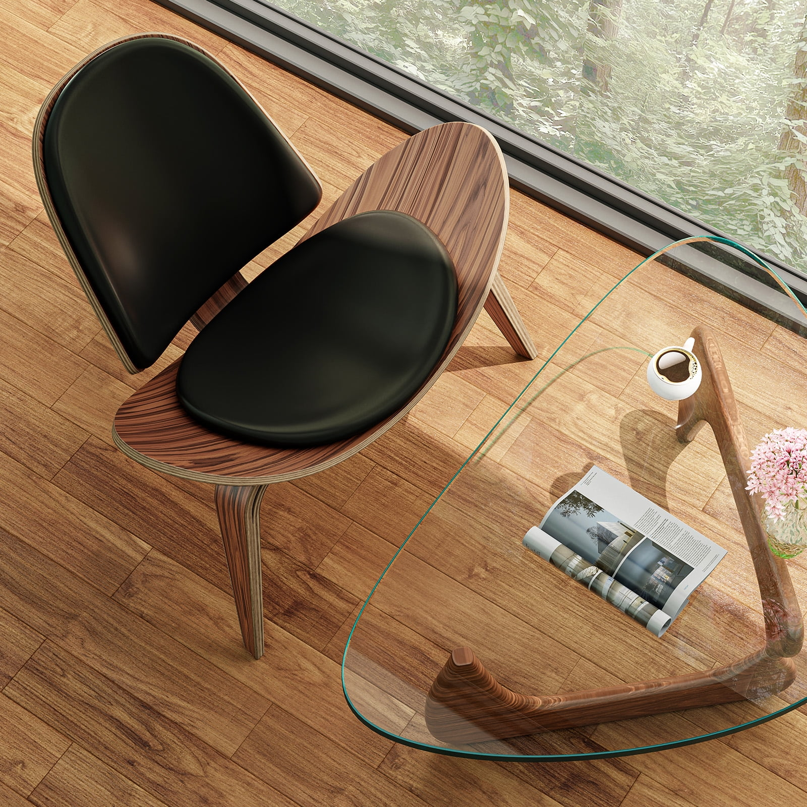 Cottinch Mid Century Modern Shell Lounge Chair, Tripod Plywood Design Solid Wood Accent Chair Black PU Leather Chair Armless Chair for Living Room, Reading, Lounge, Office, Rosewood