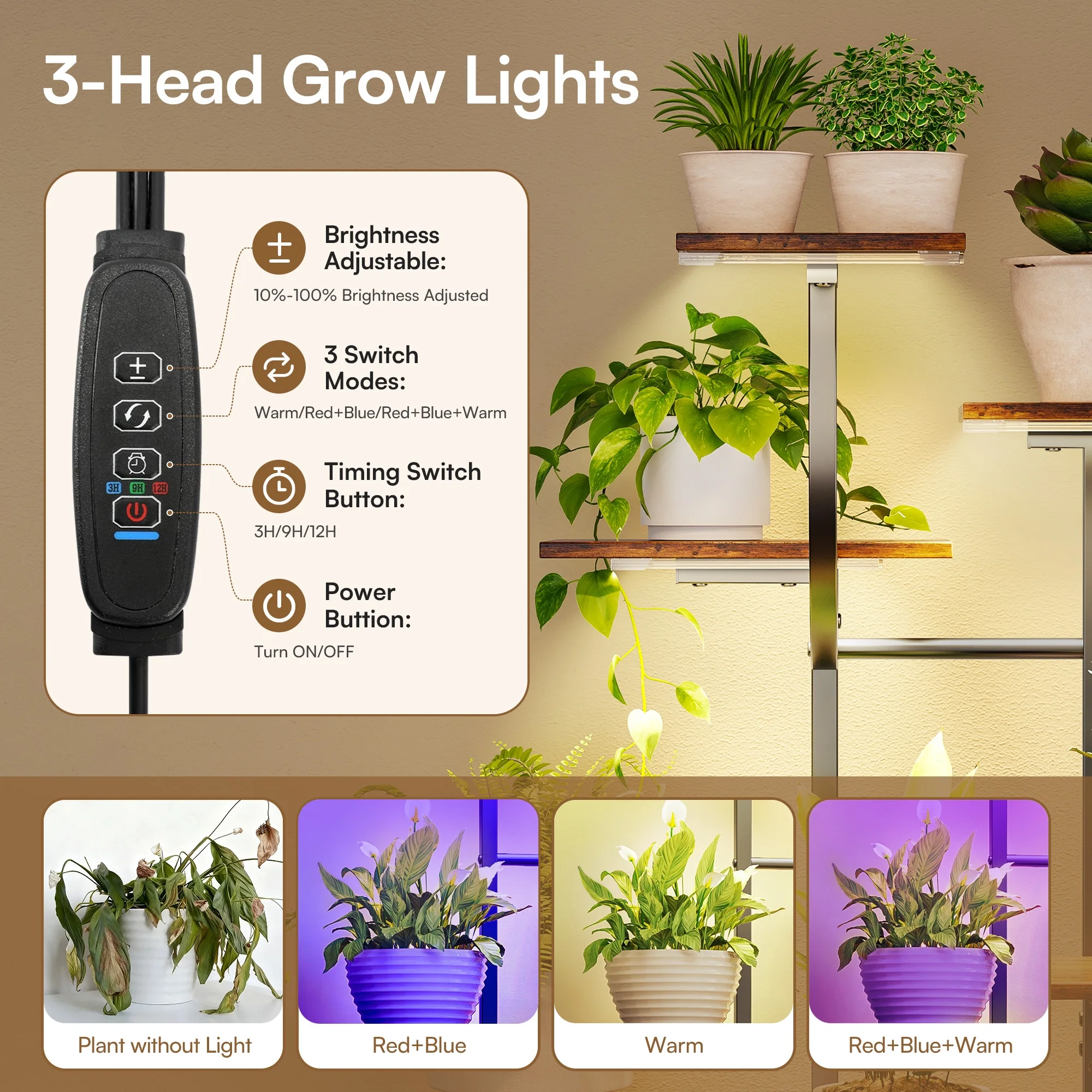 eChamp Plant Stand with Grow Light 3 Color Modes & Storage Drawer, 59" Tall Indoor Plant Shelf 9-Tier Metal Plant Rack Flower Holder for Home, Patio, 10 Brightness Levels, Timer, Wide Base