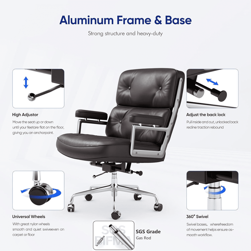 Cottinch Mid Back Genuine Leather Office Chair, Adjustable Height and Liftable Swivel Computer Chair with Rolling Casters for Home Office Use