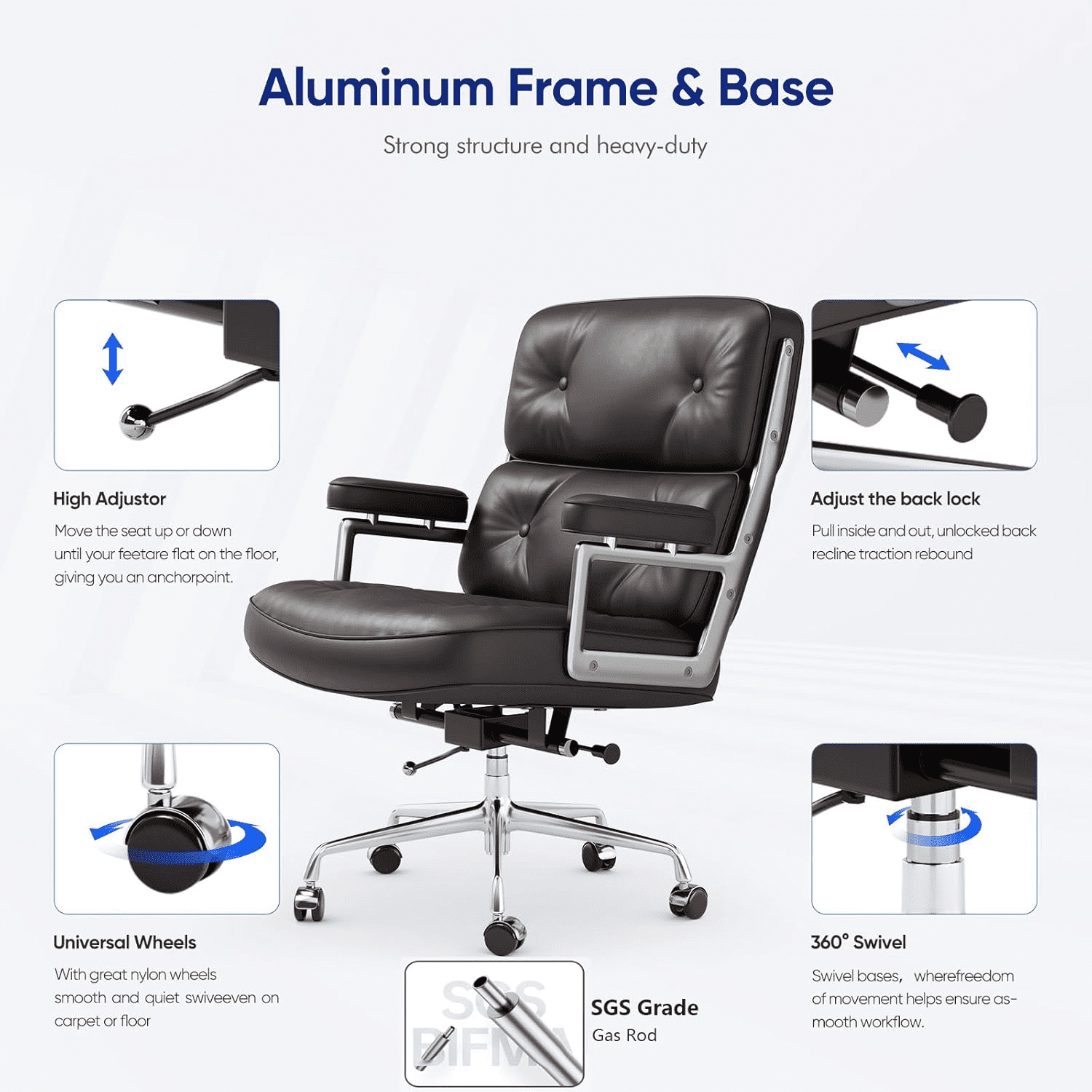 Cottinch Mid Back Genuine Leather Office Chair, Adjustable Height and Liftable Swivel Computer Chair with Rolling Casters for Home Office Use