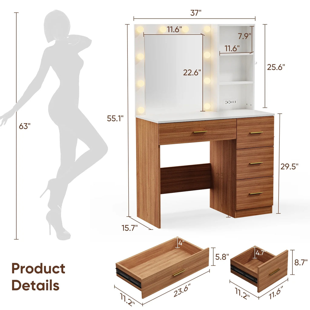 Raffle Pinker Makeup Vanity Desk Dressing Table with 4 Drawers,Storage Shelves,Power Outlet