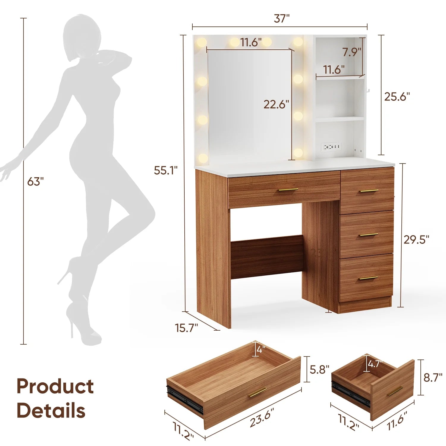 Raffle Pinker Vanity Desk Makeup Dressing Table with Mirror and Lights,4 Drawers,Storage Shelves,Power Outlet,Brown
