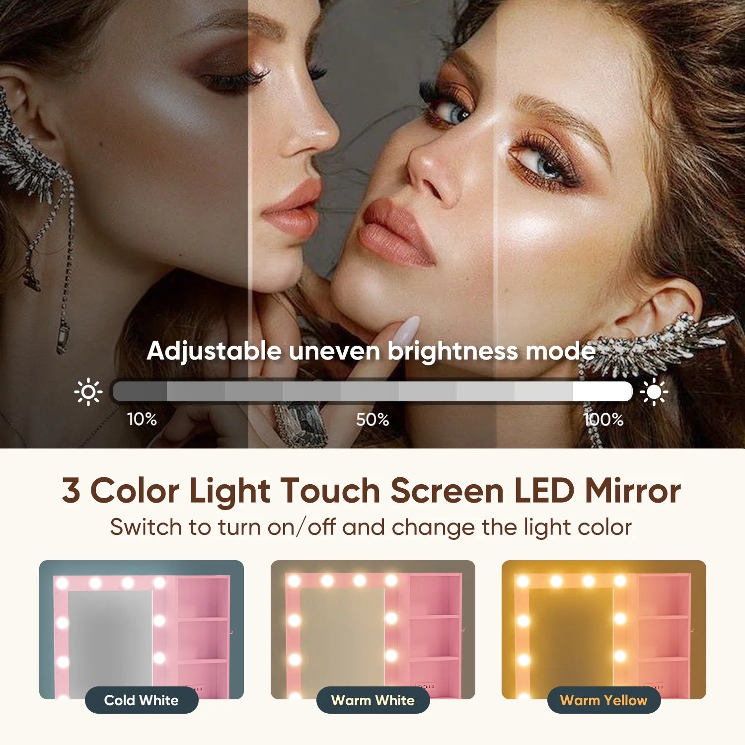 eChamp Vanity Desk with 3 Color Lights and Mirror Makeup Dressing Table with 4 Drawers,Charging Station,Adjustable Brightness Dresser,Pink