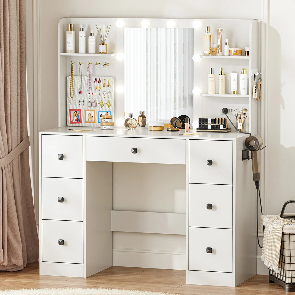 eChamp Makeup Vanity Desk with 3 Color Lights and Mirror,Dressing Vanity Table 7 Drawers,Charging Station,Hooks & Shelves,Adjustable Brightness Dresser, White