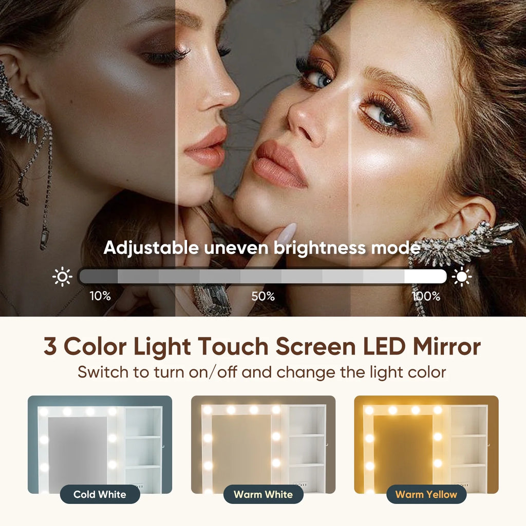 Cottinch Makeup Vanity Desks with Mirror and 3 Color Lights,Brown Vanity Dressers Bedroom Dressing Table,4 Drawers,Charging Station