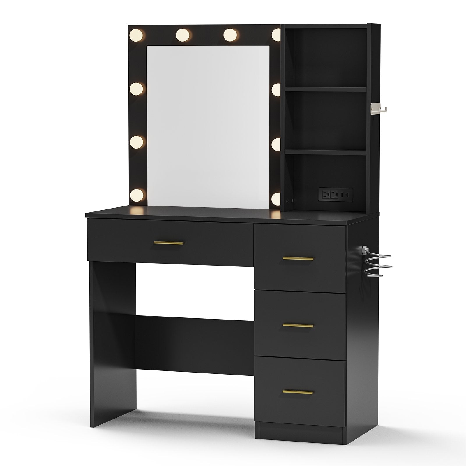 Raffle Pinker Vanity Desk Makeup Dressing Table with Mirror and Lights,4 Drawers,Storage Shelves,Power Outlet,Black
