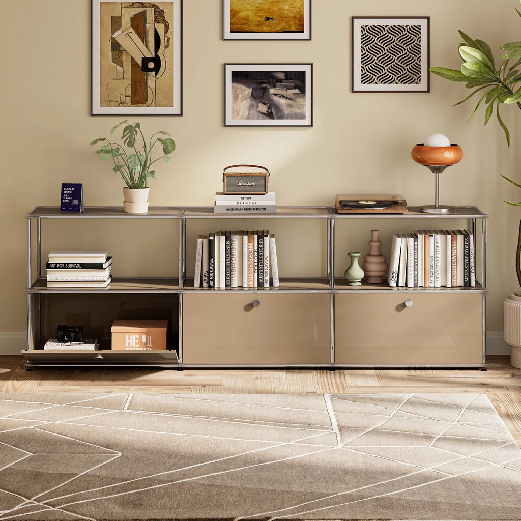 Cottinch 2-Tier Accent Cabinet,Metal Storage Cabinets with 3 Doors,Open Shelf,Freestanding Organizer for Living Room,Brown