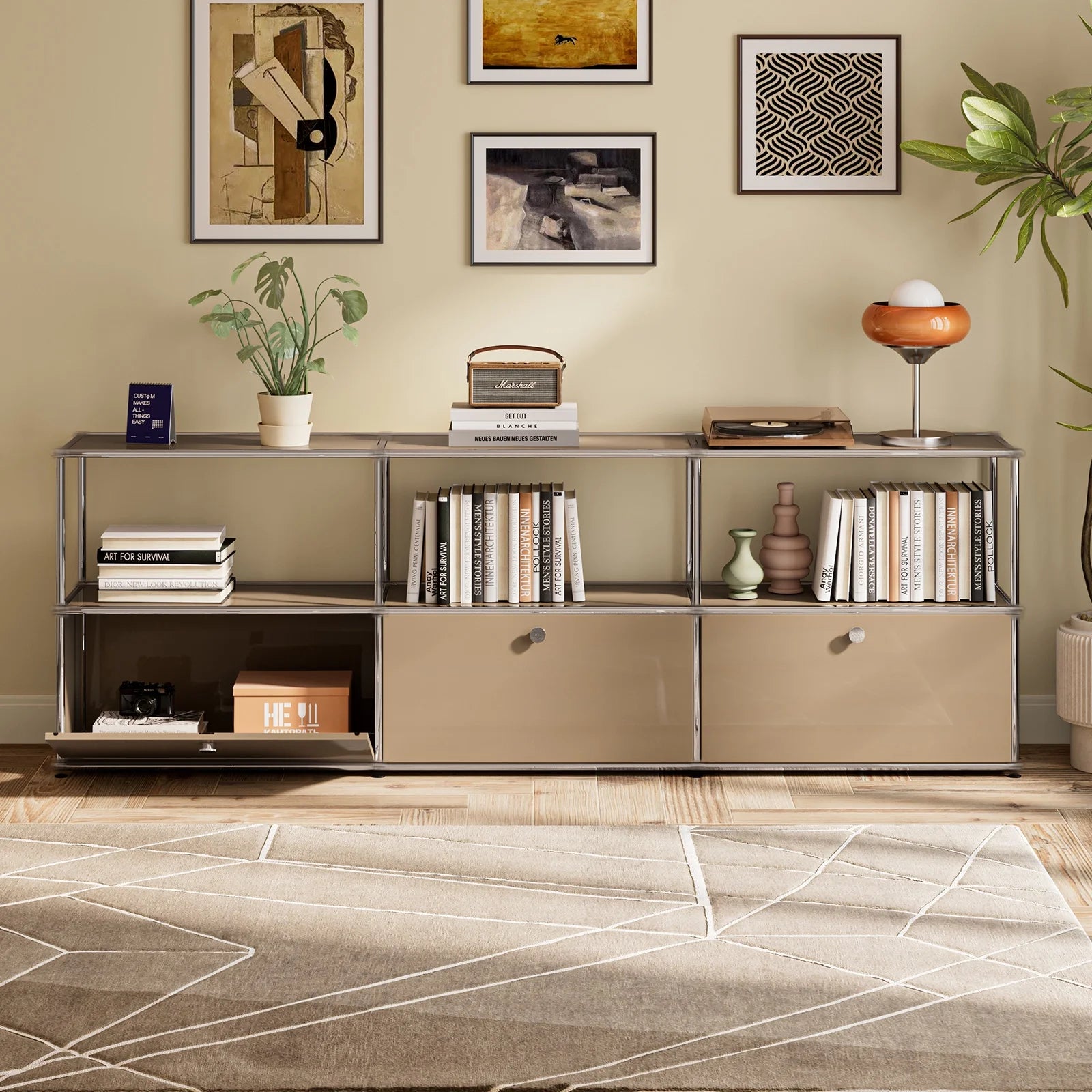 Cottinch 2-Tier Accent Cabinet,Metal Storage Cabinets with 3 Doors,Open Shelf,Freestanding Organizer for Living Room,Brown