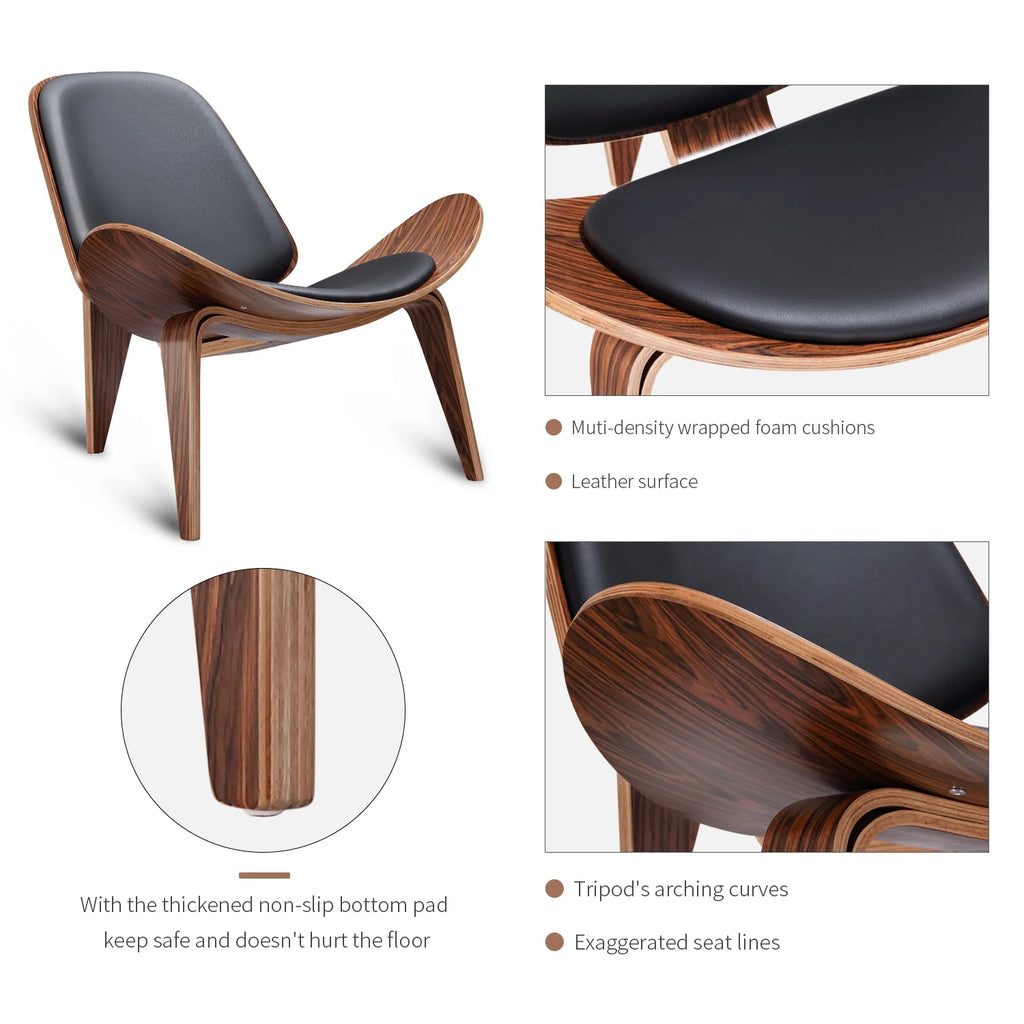 Three-Legged Shell Chair Mid-Century Wood Chair Black PU Leather Chair for Living Room, Reading Side Chair,Rosewood