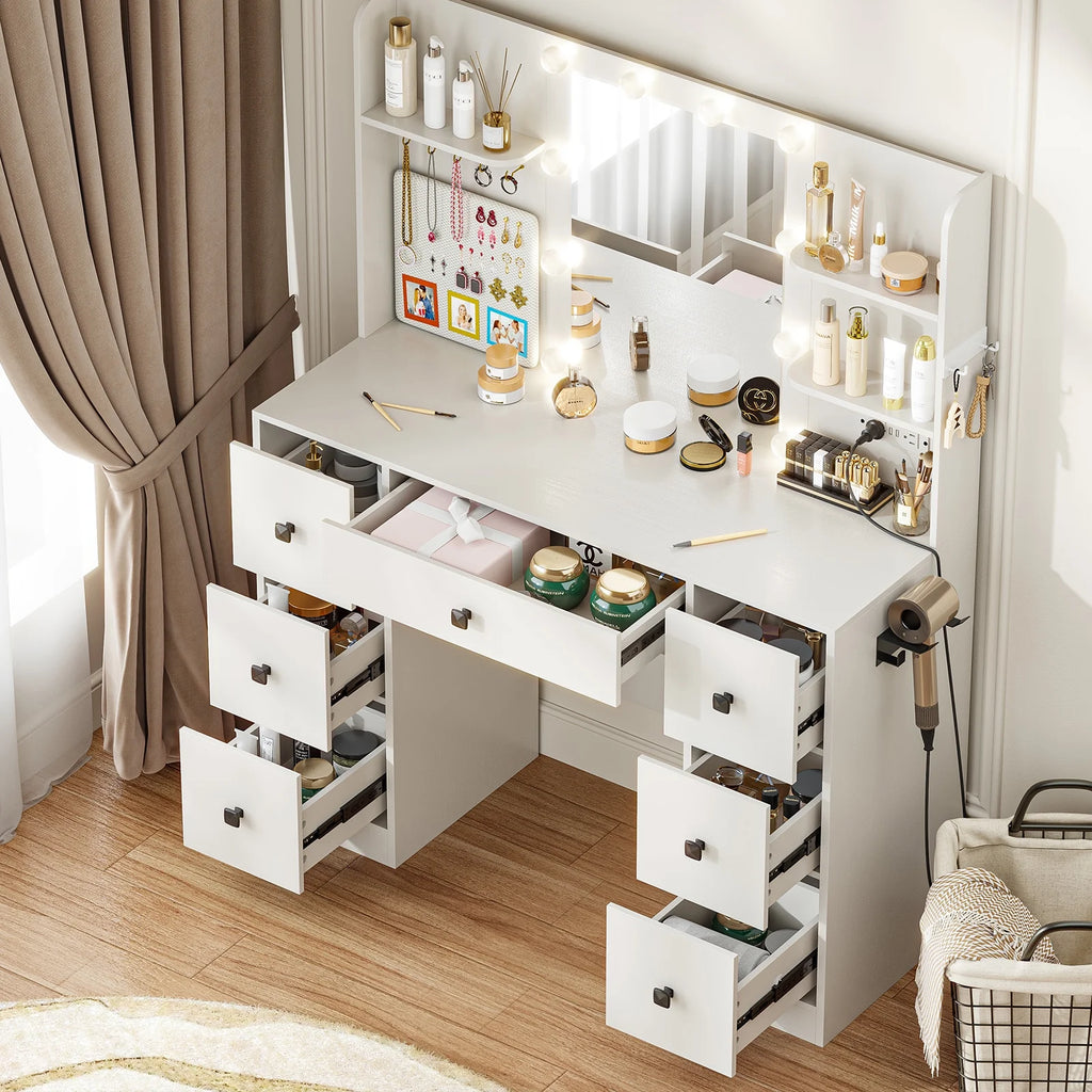Cottinch Vanity Desk with LED Lighted Mirror,Makeup Vanity Table w/7 Drawers,3 Shelves,Jewelry Hook,Power Outlet,Dressing Table for Bedroom,White