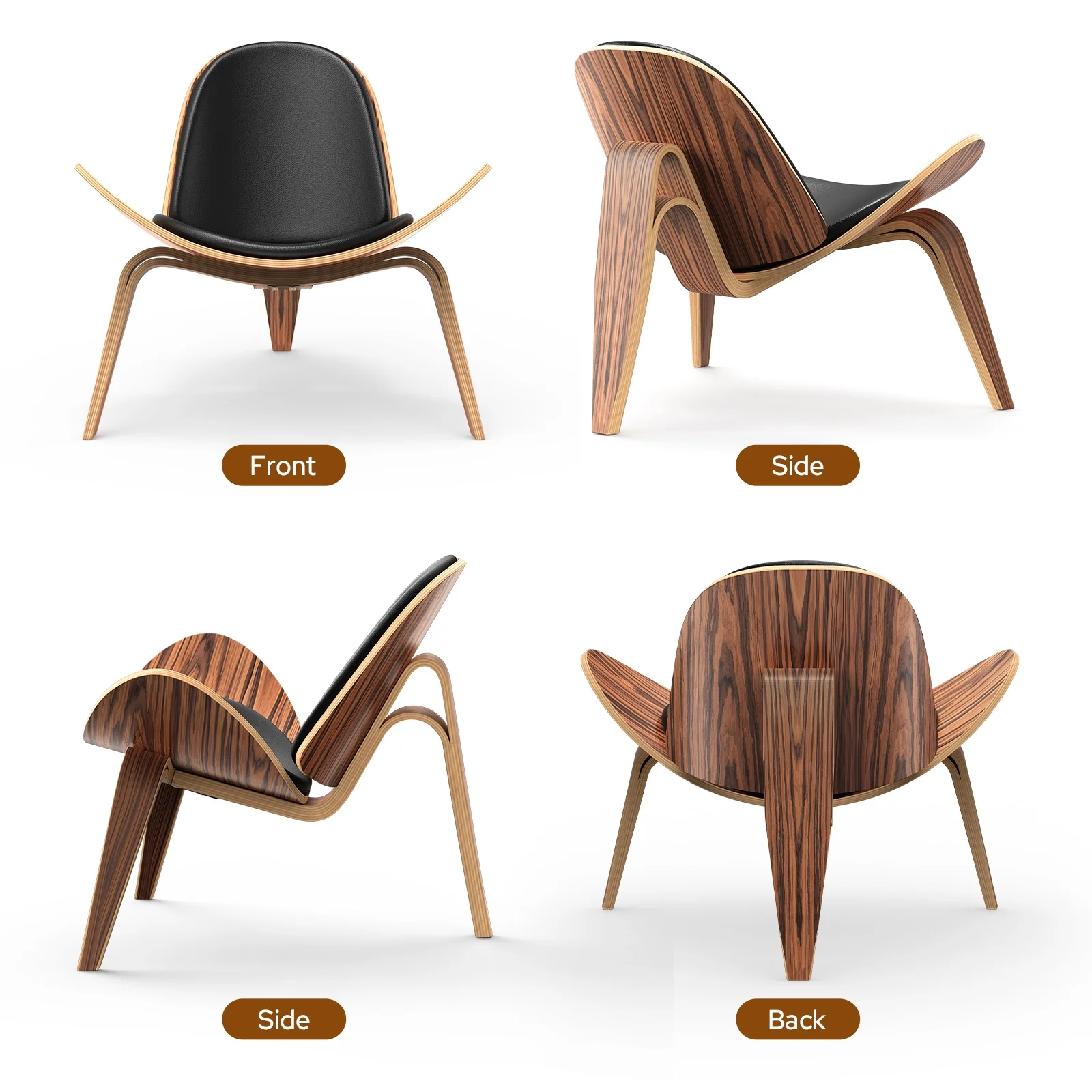 Cottinch Mid Century Modern Shell Lounge Chair, Tripod Plywood Design Solid Wood Accent Chair Black PU Leather Chair Armless Chair for Living Room, Reading, Lounge, Office, Rosewood