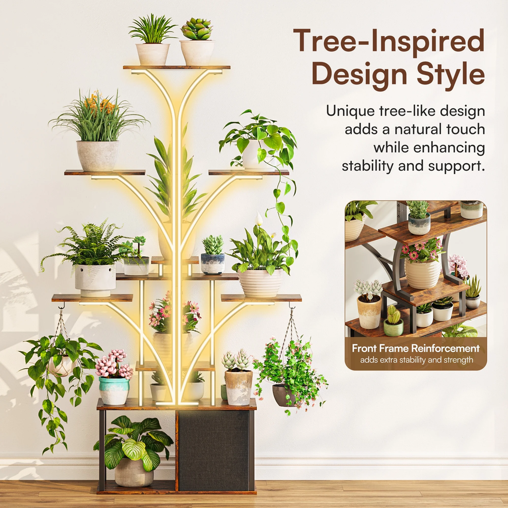 eChamp Plant Stand with Grow Light 3 Color Modes & Storage Drawer, 63" Tall Indoor Plant Shelf 10-Tier Metal Plant Rack Flower Holder for Home, Patio, 10 Brightness Levels, Timer, Wide Base