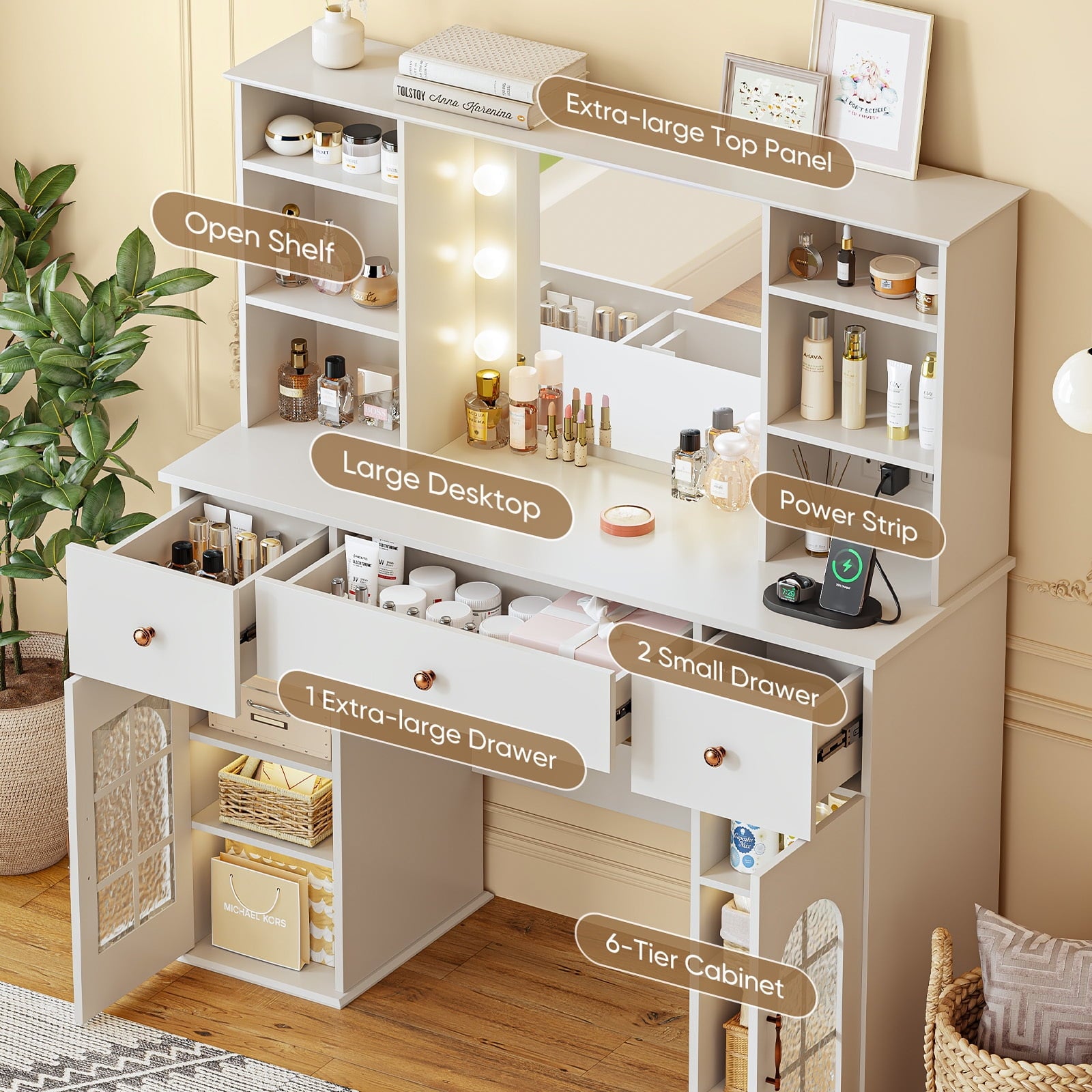 Cottinch Vanity Desk with Mirror and Lights, 47.2" Makeup Vanity Table with 3 Color Modes Arched Window Cabinet & Power Outlet, 3 Drawers, 8 Storage Shelves, Large Dressing Table for Bedroom