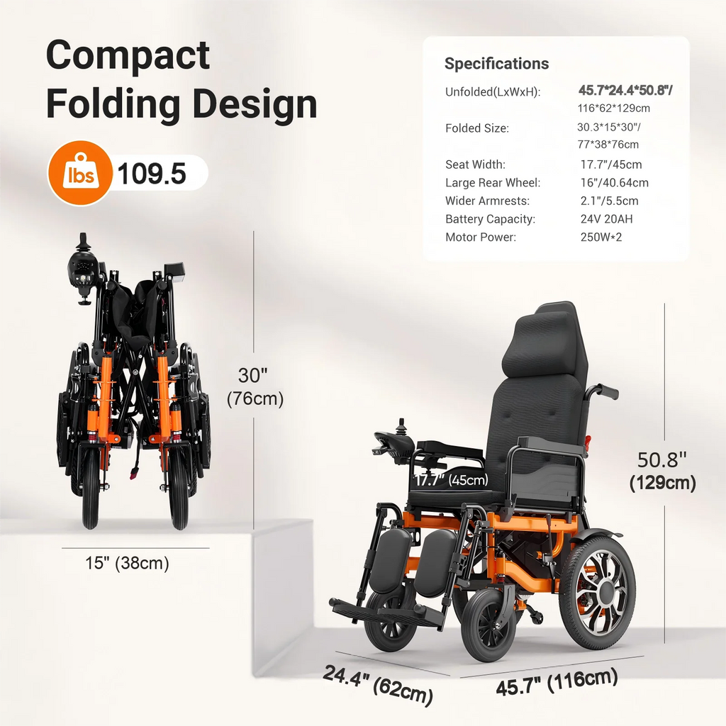 VerPal Reclining Electric Wheelchair for Adults Senior,Foldable All-Terrain Motorized Wheelchairs 25 Miles Range,265 lbs