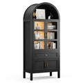Raffle Pinker 71" Tall Arched Pantry Cabinets Storage Cabinet with Glass Doors,LED Lights,Adjustable Shelves for Living Room Kitchen,Black