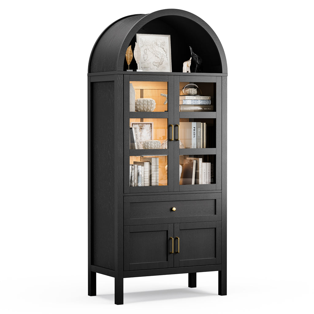71" Tall Arched Bookshelf, Kitchen Pantry Storage Cabinet, 3-ier BooTkcase with 2 Glass Doors for Living Room, Kitchen, Home Office