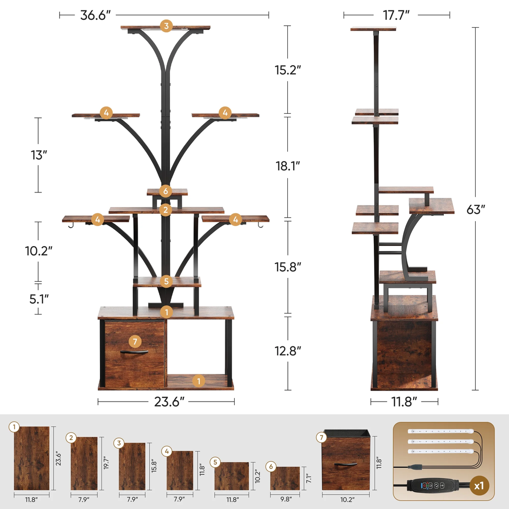 eChamp Plant Stand with Grow Light 3 Color Modes & Storage Drawer, 63" Tall Indoor Plant Shelf 10-Tier Metal Plant Rack Flower Holder for Home, Patio, 10 Brightness Levels, Timer, Wide Base