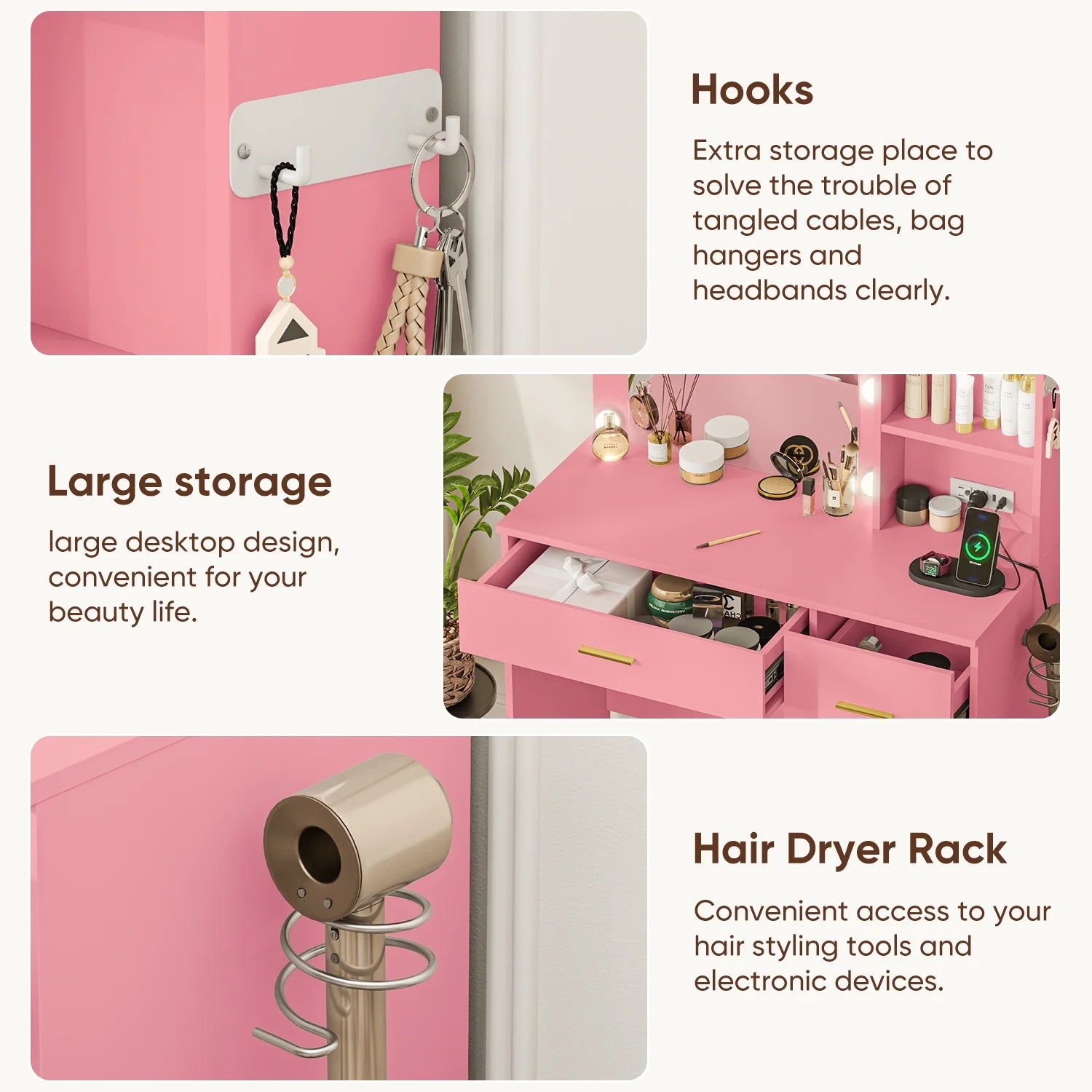 eChamp Vanity Desk with 3 Color Lights and Mirror Makeup Dressing Table with 4 Drawers,Charging Station,Adjustable Brightness Dresser,Pink