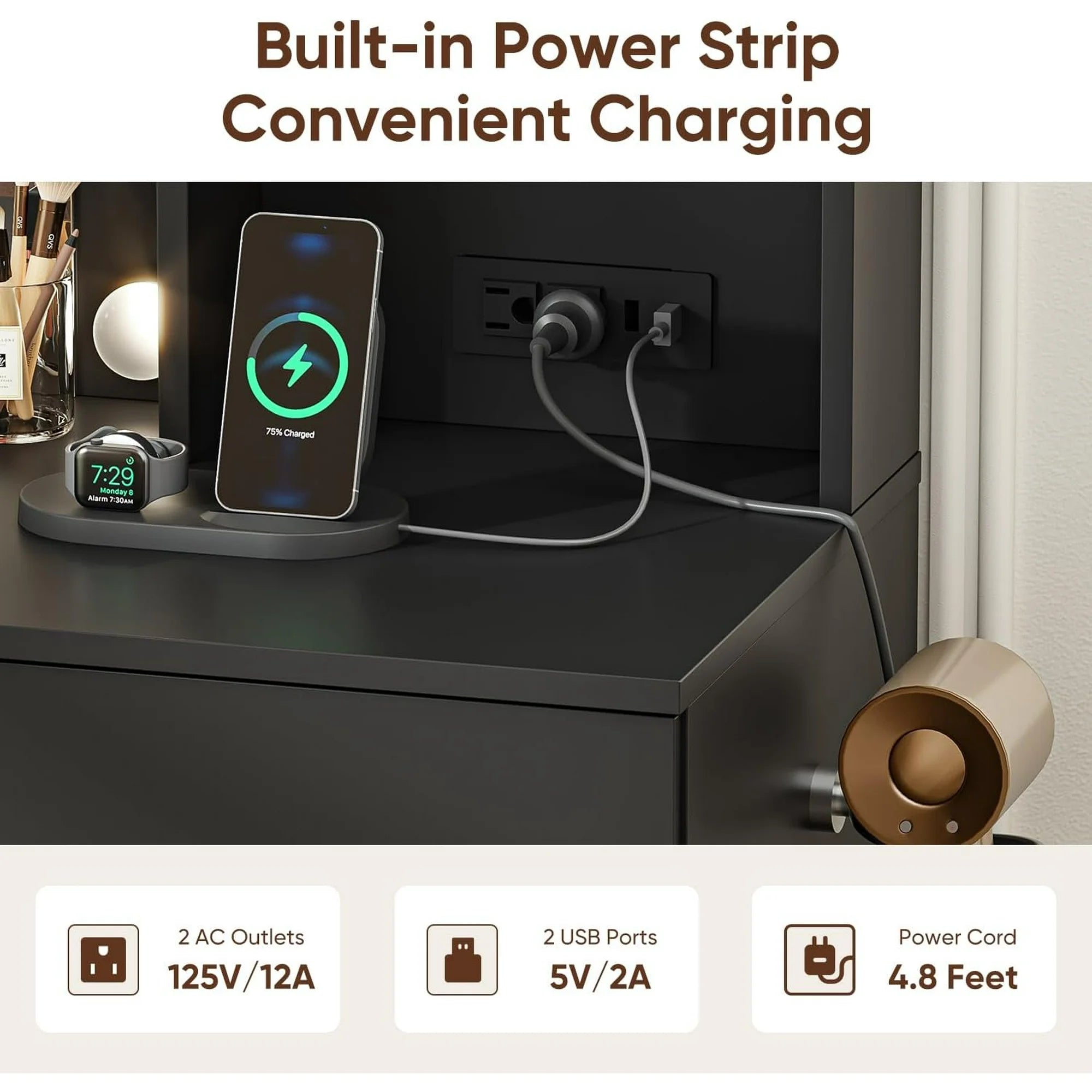 Cottinch Vanity Desk 3 Color Lighted Mirror,Makeup Dressing Table Vanity Table with 4 Drawers and Shelf,2 Outlets,2 USB Ports,Black