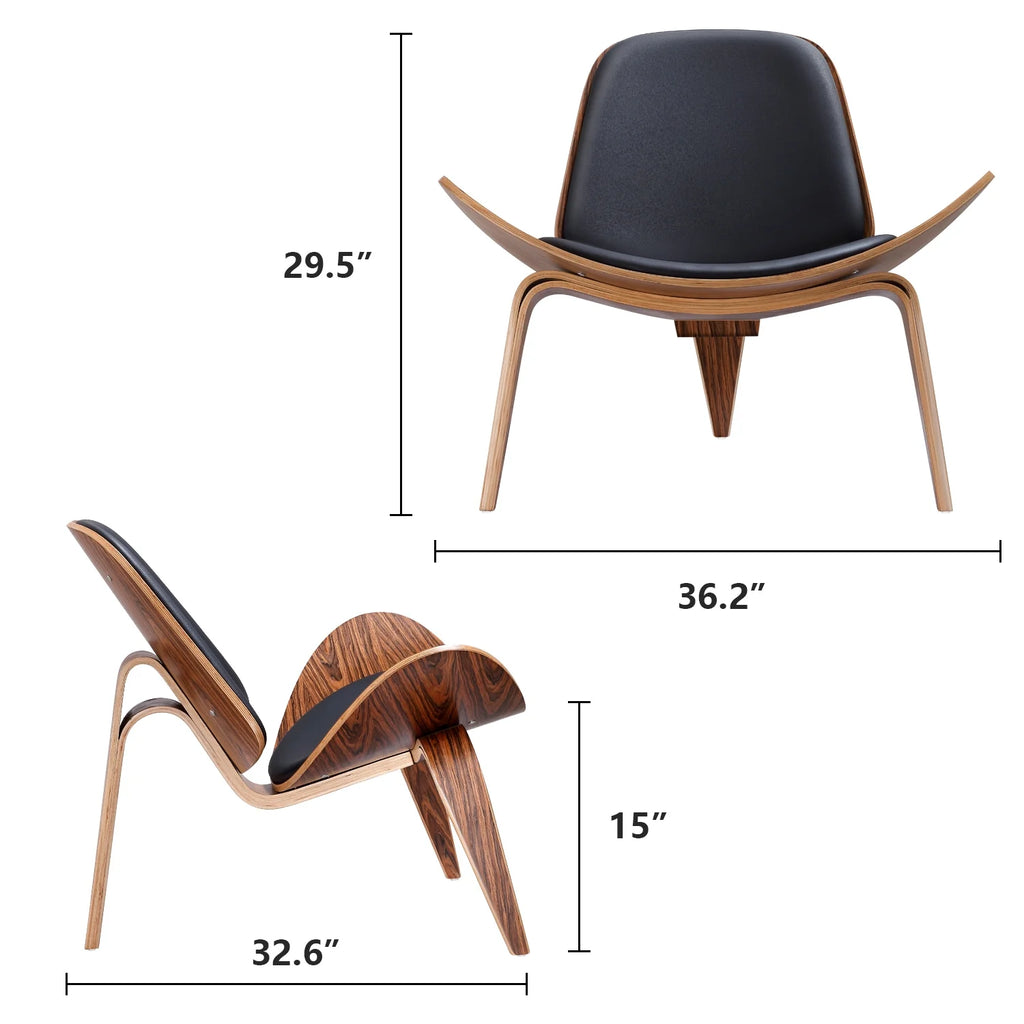 Three-Legged Shell Chair Mid-Century Wood Chair Black PU Leather Chair for Living Room, Reading Side Chair,Rosewood