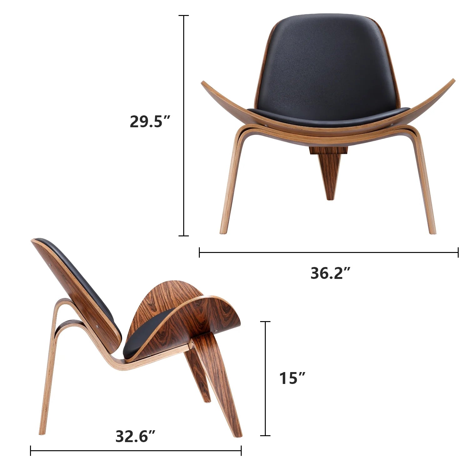 Three-Legged Shell Chair Mid-Century Wood Chair Black PU Leather Chair for Living Room, Reading Side Chair,Rosewood